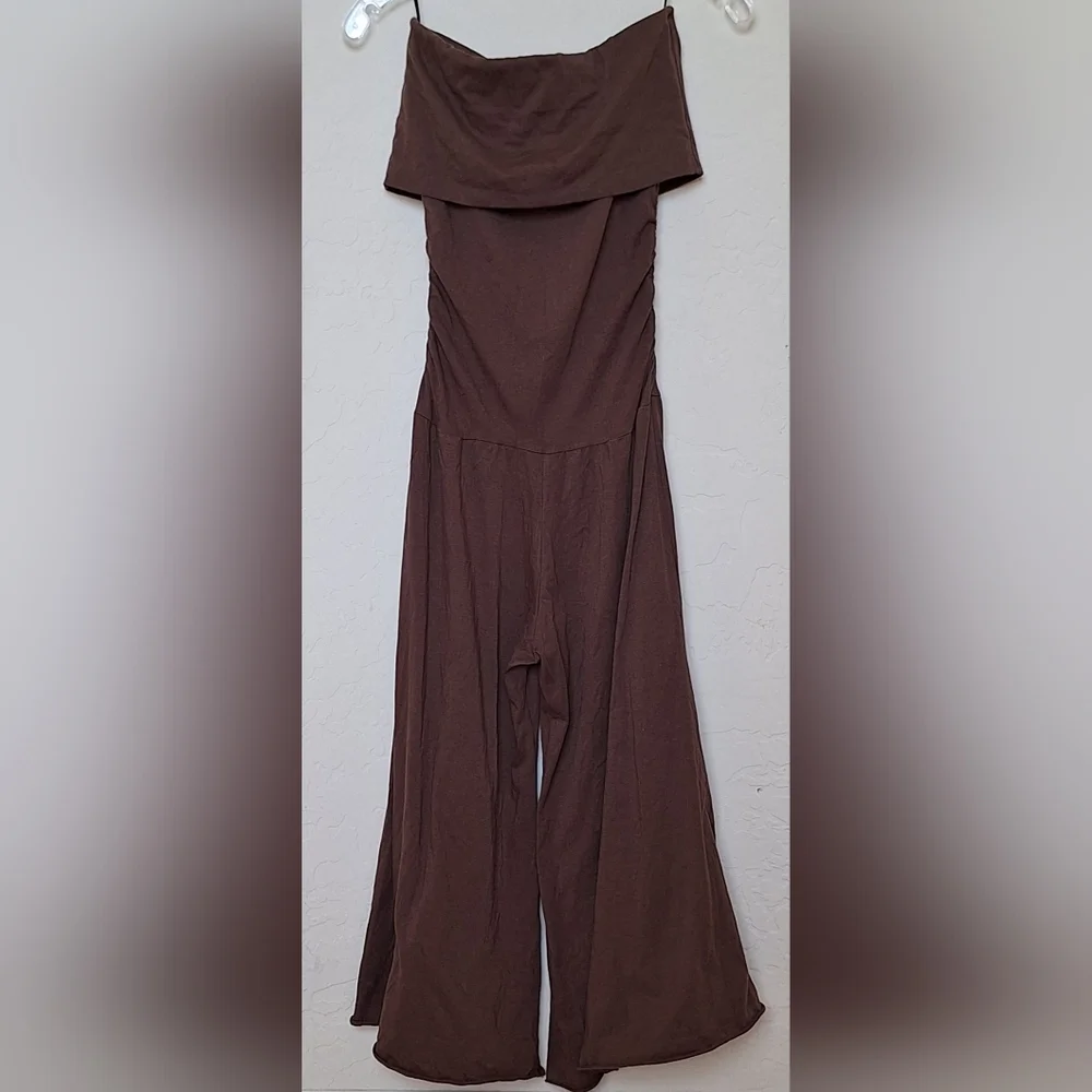 GUESS Y2K Wide Leg Crop Jumpsuit Bardot Drop Waist Brown Cotton Jersey Boho XS - Picture 3 of 10